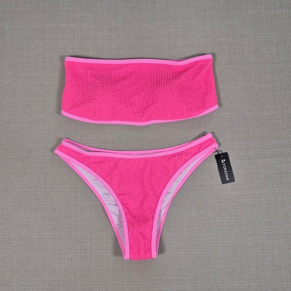 Yimisan Womens Hot Pink Smocked Bandeau Bikini Set High Cut Size M New With Tags